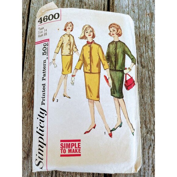 Vintage 1960s Simplicity Sewing Pattern Skirt Suit Teen Size 14 - Picture 2 of 4